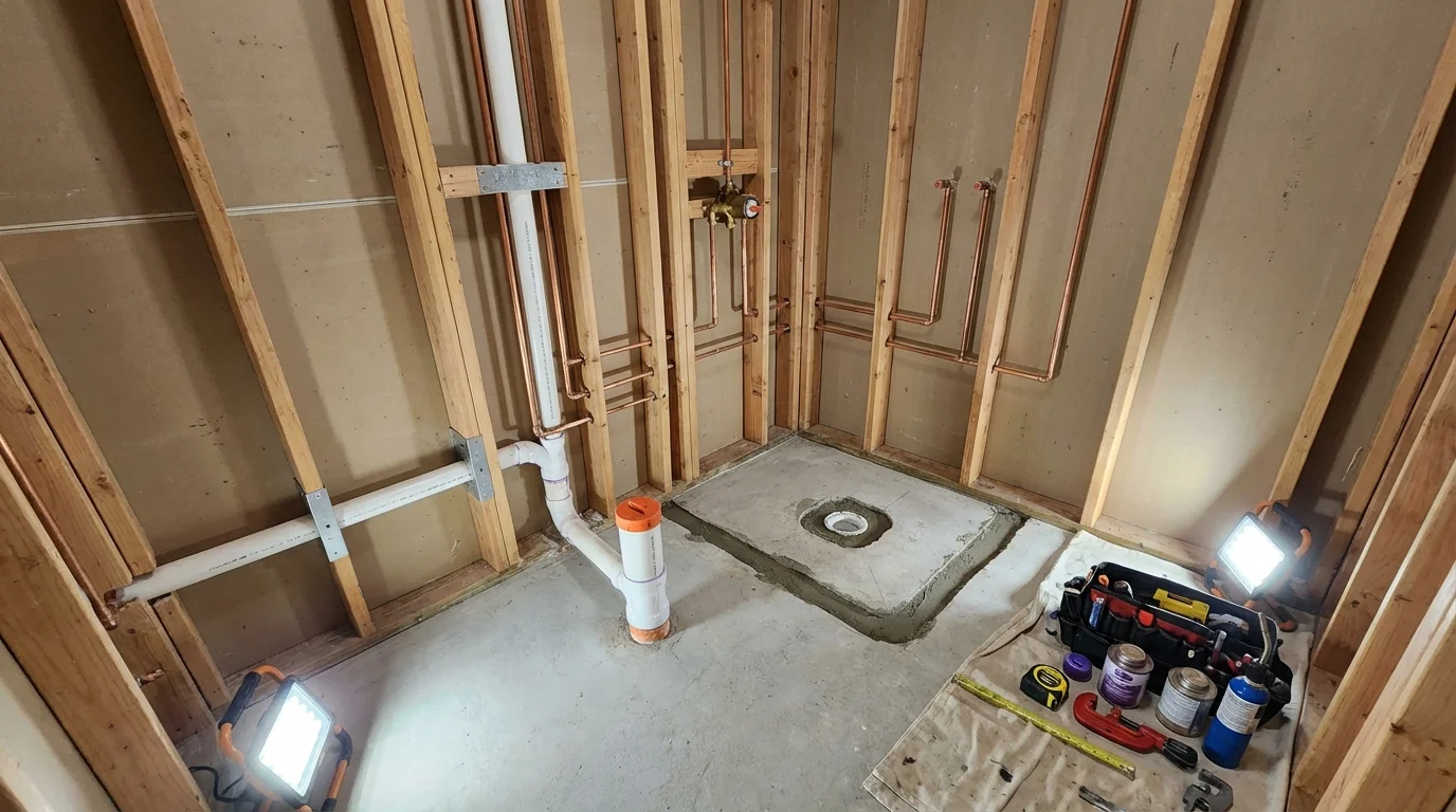 Bathroom rough-in plumbing during remodel by Johns Plumbing LLC in Missouri Valley