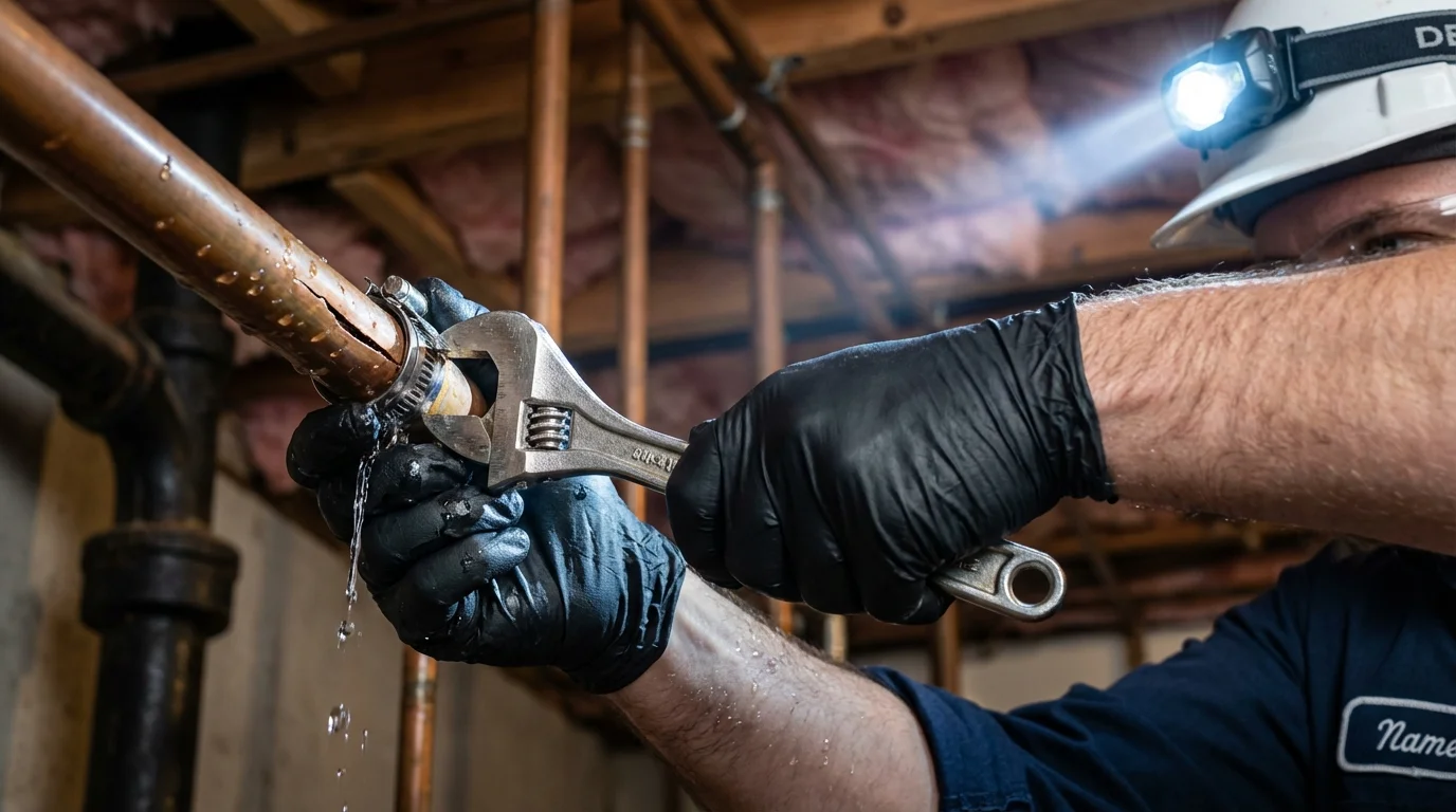 Emergency pipe clamp repair being performed by a Johns Plumbing LLC plumber in Missouri Valley
