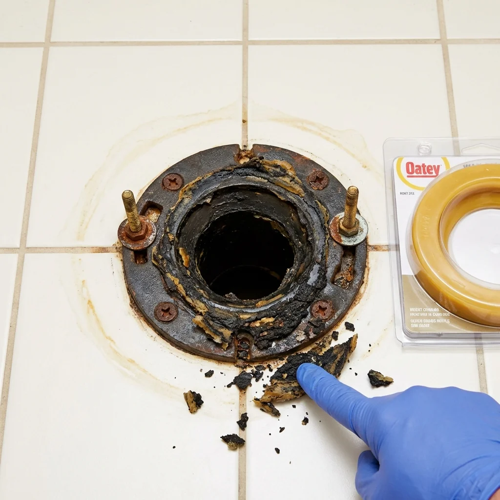 Failed wax ring showing water seepage at the base of a toilet in a Missouri Valley, IA home