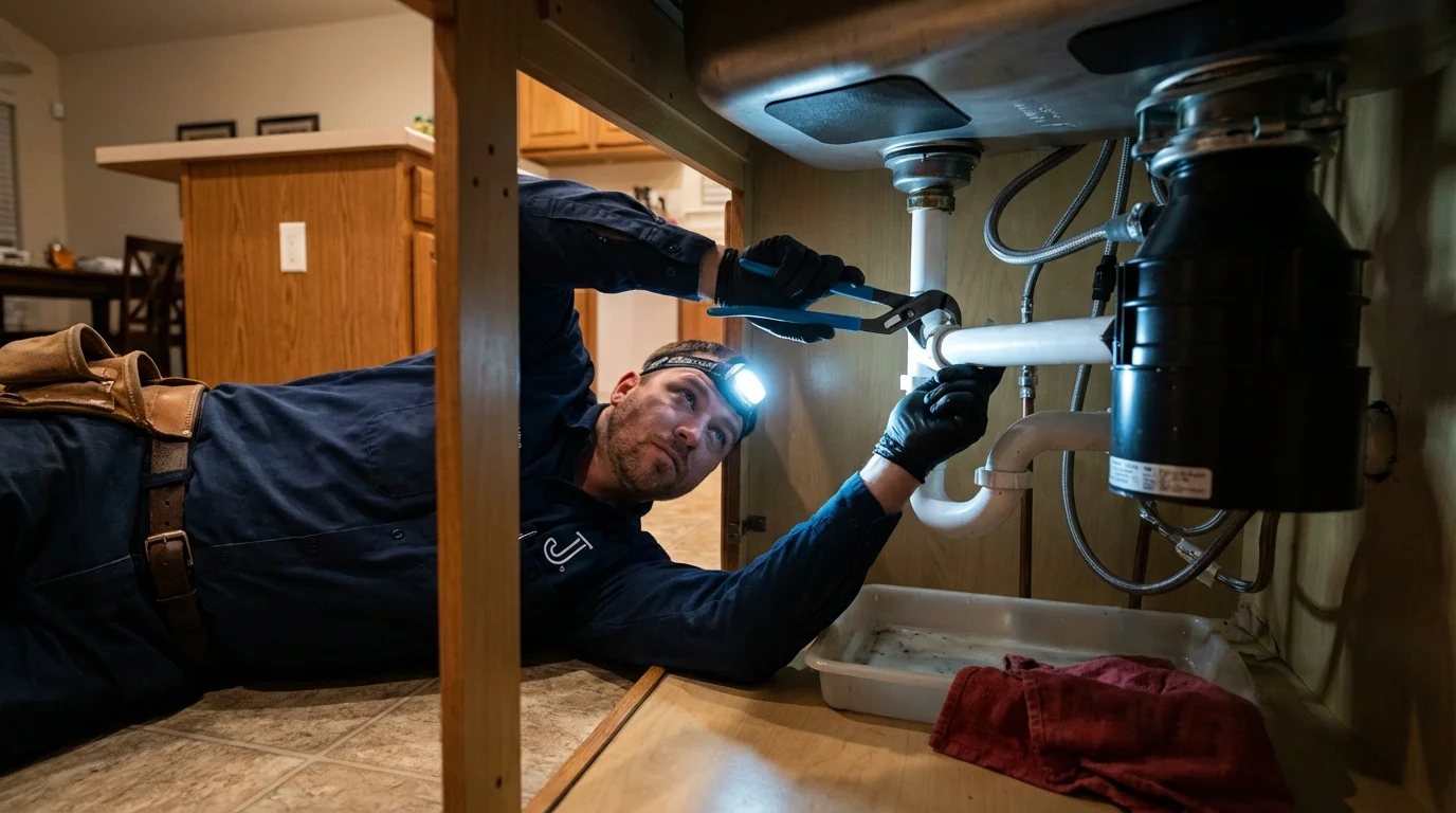 P-trap and supply line connections under a kitchen sink showing a common leak point in Missouri Valley, IA